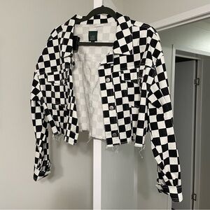 Checkered Print Crop Denim Jacket Size XL Wild Fable no tags not worn